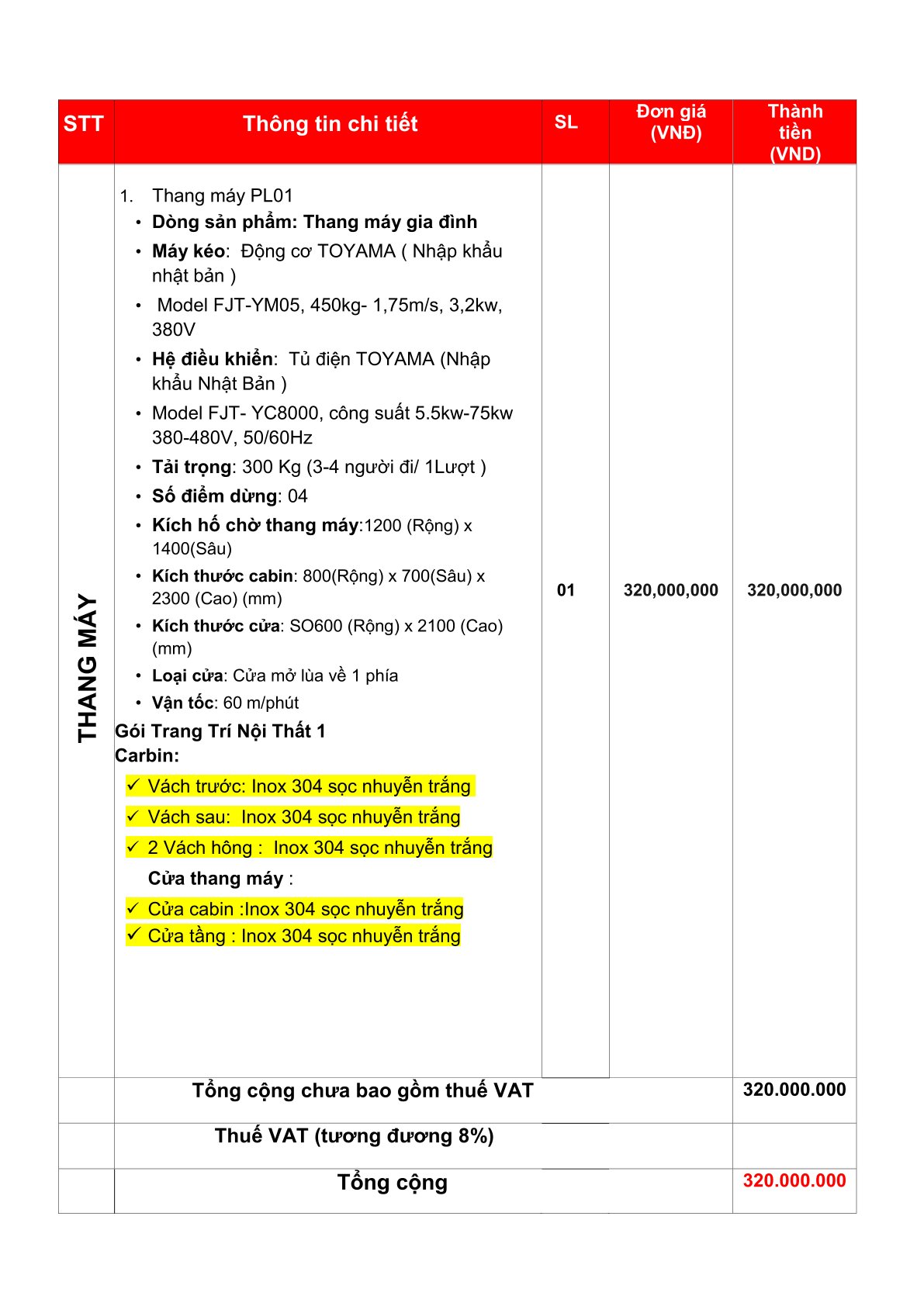 Bảng báo giá thang máy gia đình Toyama PL01 tải trọng 300kg kèm thông số kỹ thuật chi tiết